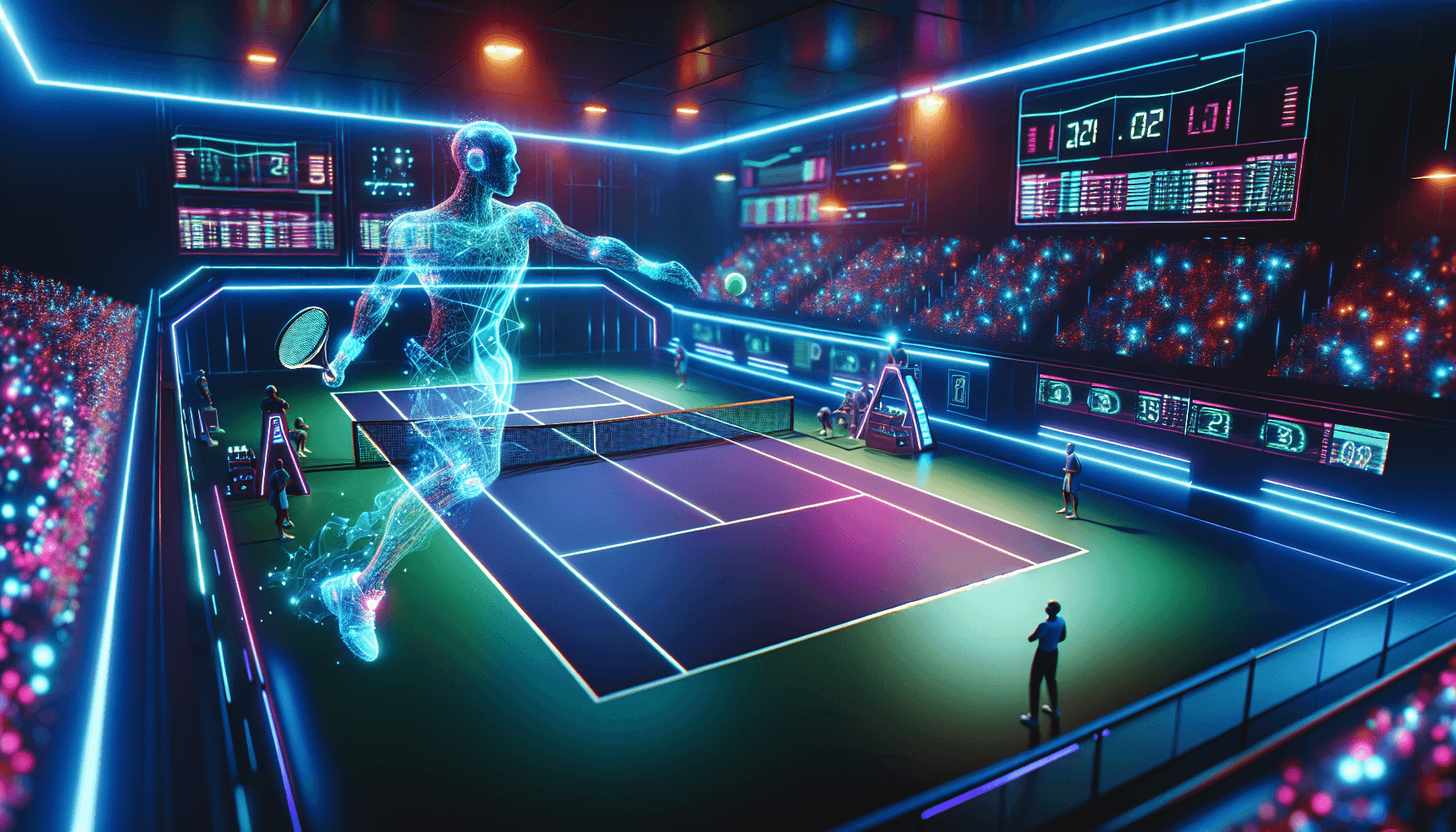 Campo de tenis futurista con luces de neón y un avatar de sombra mágica en acción