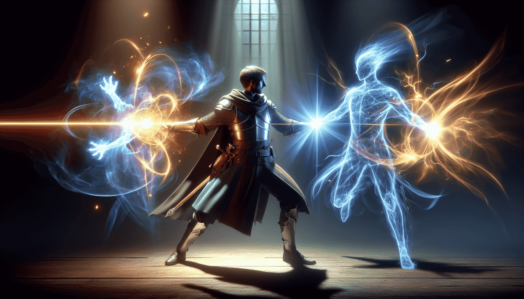 Un jugador y su avatar de sombra realizando un ataque mágico sincronizado